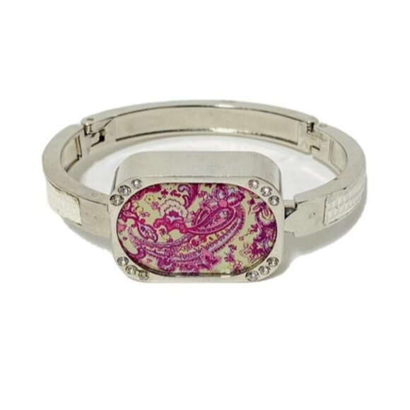 Y2K Statement Bracelet Silver-tone Rectangle Pink White Paisley Floral Butterfly - Picture 1 of 10